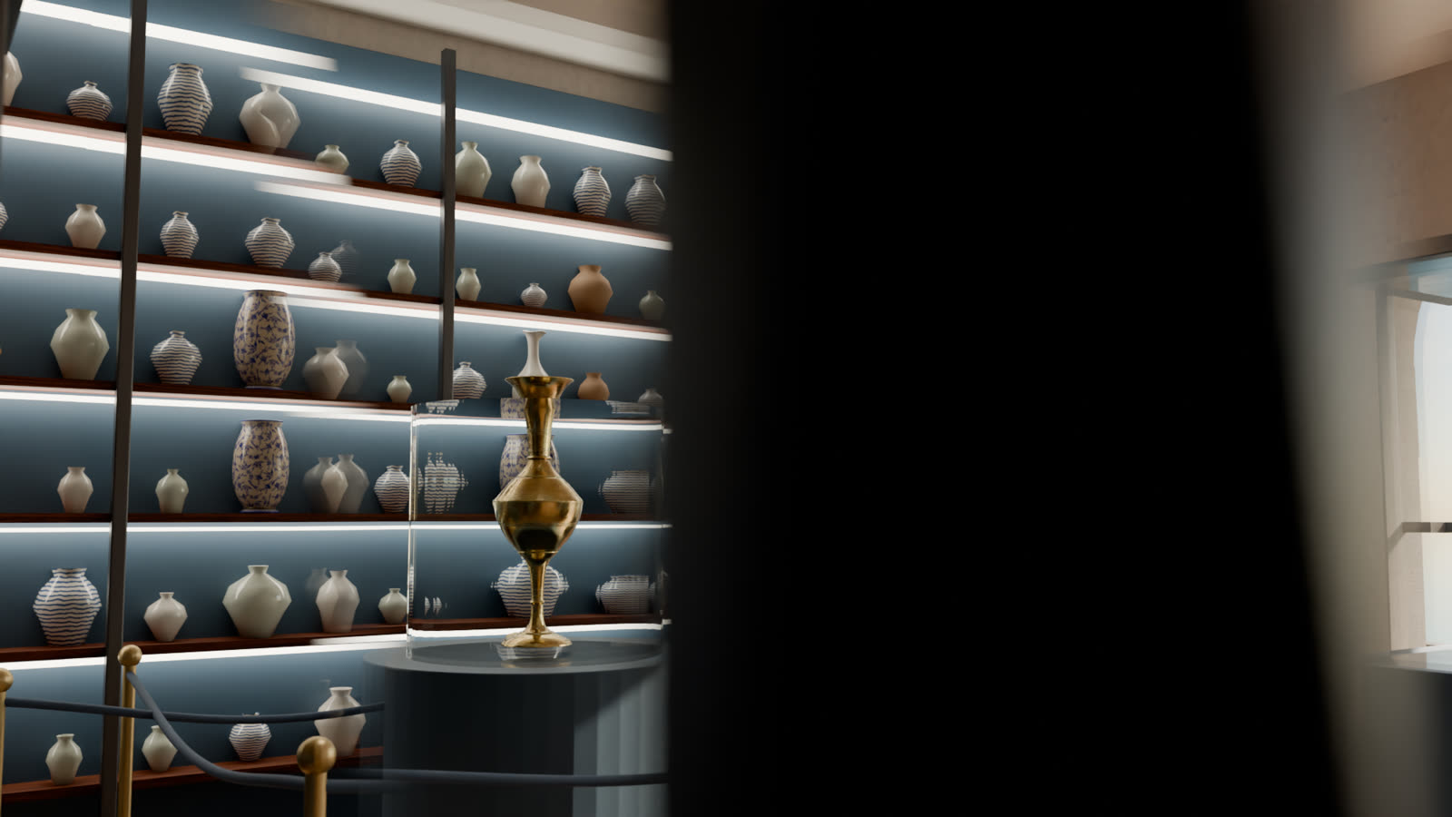 Concept render: the Cargo Wall, floor-to-ceiling lit shelves of recovered vessels, with the Find of the Month on a pedestal