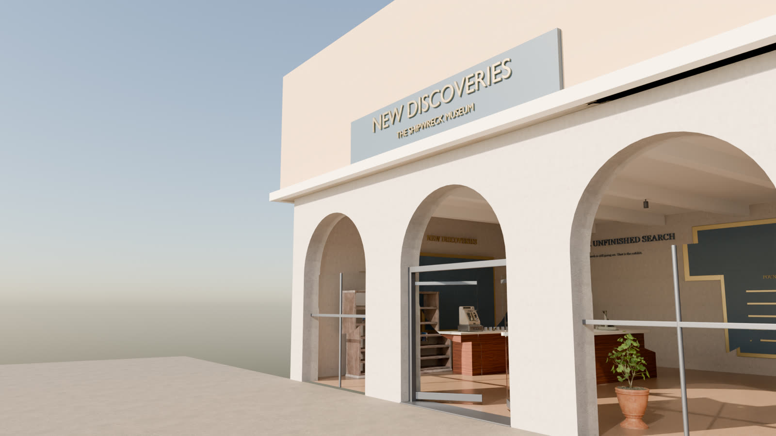 Concept render: the arched museum entrance from the street, with the museum name above the door