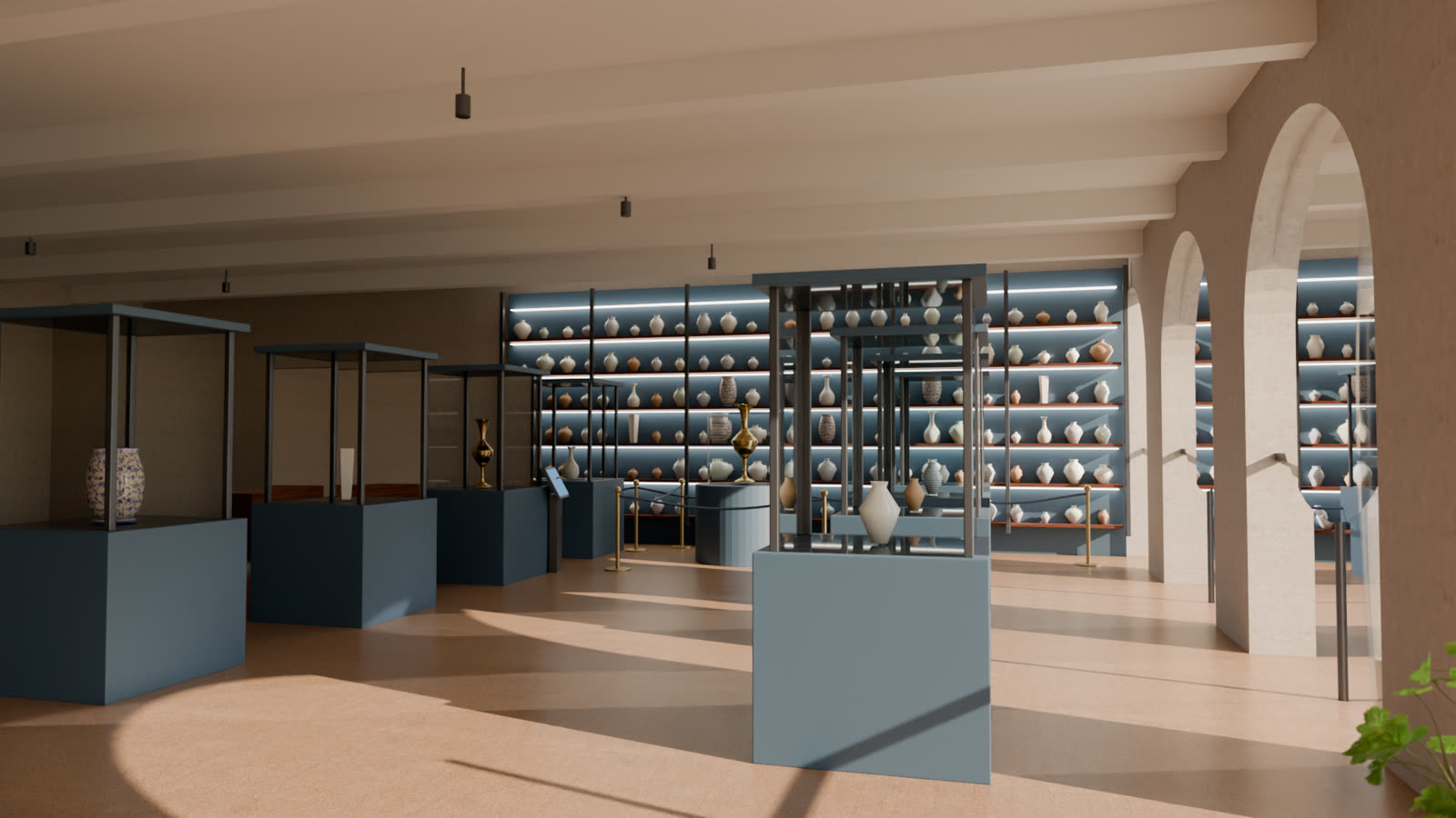 Concept render: the main hall, sunlight pooling on a terrazzo floor, display cases leading to the Cargo Wall